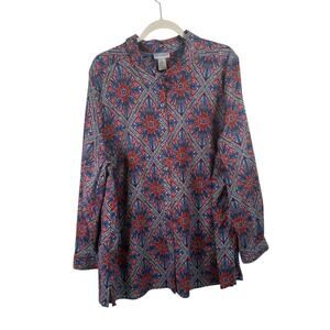 Catherines Blue Red Floral Button Front 100% Cotton Shirt Office Womens Plus 2x